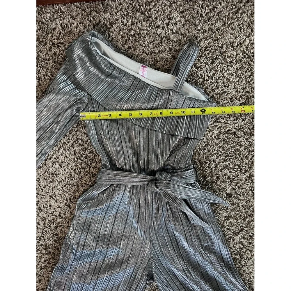 Justice Girls Silver Metallic Pleated One Shoulder Jumpsuit Size M 10 Wide Leg